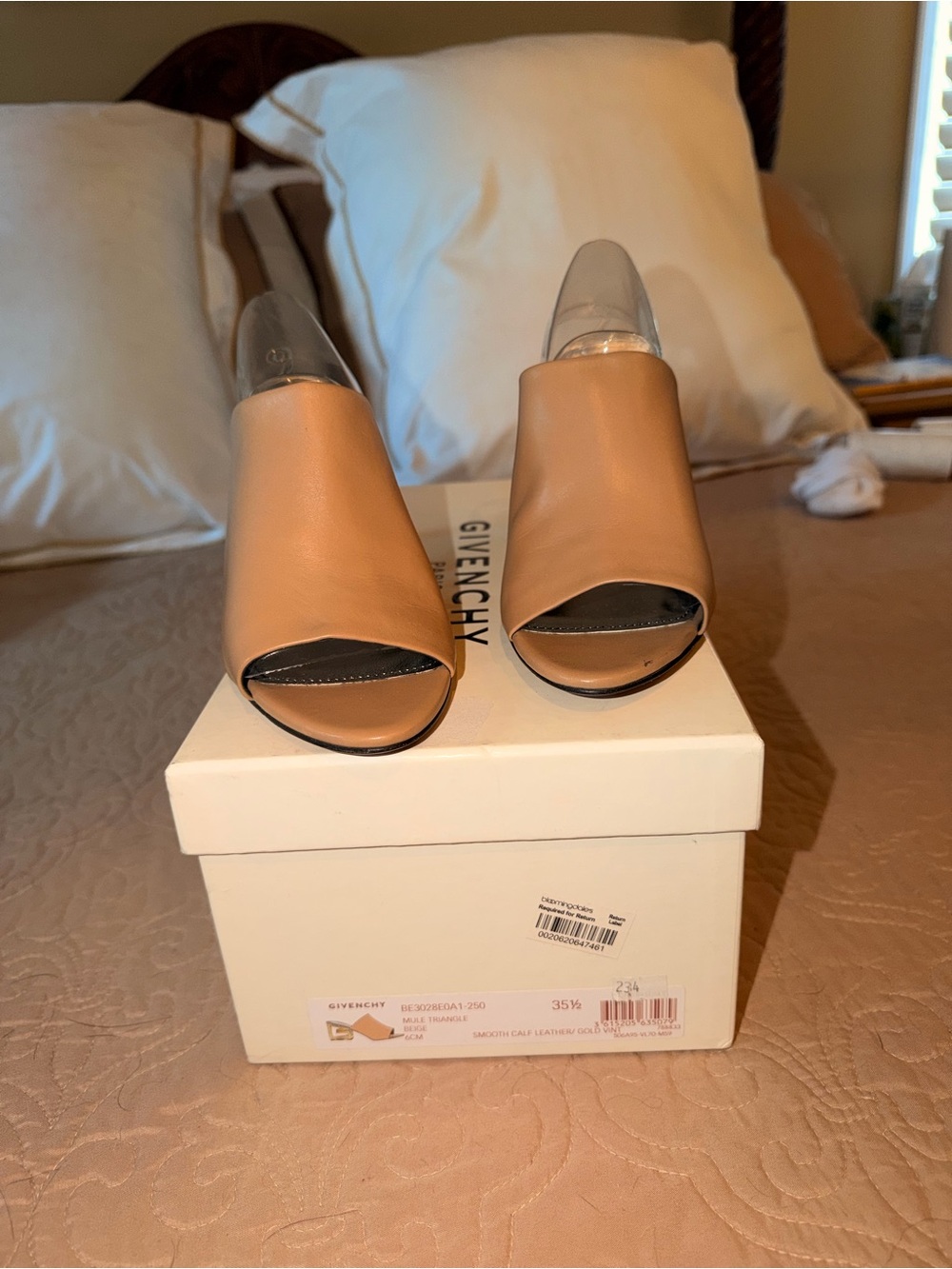 Givenchy Tan Leather Mules with Gold Geometric Heel